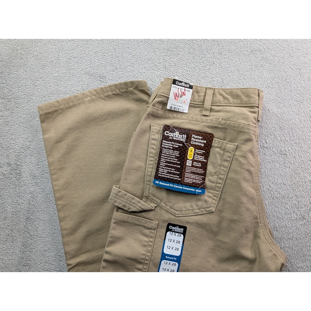 Carhartt Women FR Relaxed Fit Canvas Carpenter Jeans 12x28 Khaki WFRB159 GKH